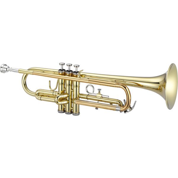 student trumpet Kenya — Premier lacquer brass, angled side view highlighting the wide bell and three piston valves