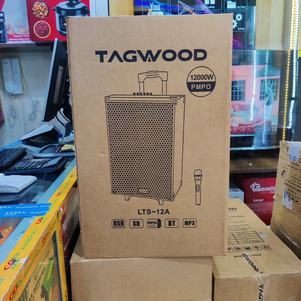 TAGWOOD LTS-12A trolley speaker Kenya retail box showing 12000W PMPO, USB SD BT MP3 icons, in-store shelf context