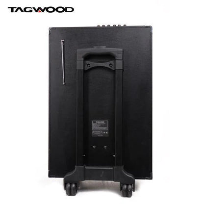 TAGWOOD LTS-15A trolley speaker Kenya — rear view showing trolley handle, FM antenna, and four wheels