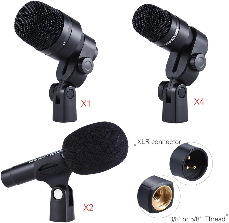 drum mic set Kenya DMS-D7 quantity chart showing 1 kick mic, 4 tom mics, 2 condensers, XLR connector and thread adapter