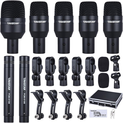 drum mic set Kenya DMS-D7 full kit flat-lay with 5 dynamic mics, 2 PCM-6100 condensers, clamps, clips, and carry case