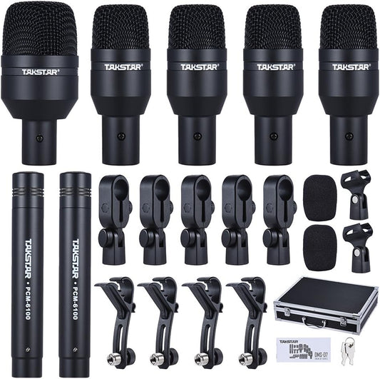 drum mic set Kenya DMS-D7 full kit flat-lay with 5 dynamic mics, 2 PCM-6100 condensers, clamps, clips, and carry case