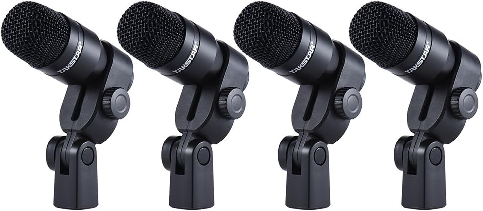 drum mic set Kenya DMS-D7 four dynamic drum mics on rim clamps, front-facing lineup, TAKSTAR branding visible on each