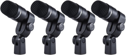 drum mic set Kenya DMS-D7 four dynamic drum mics on rim clamps, front-facing lineup, TAKSTAR branding visible on each