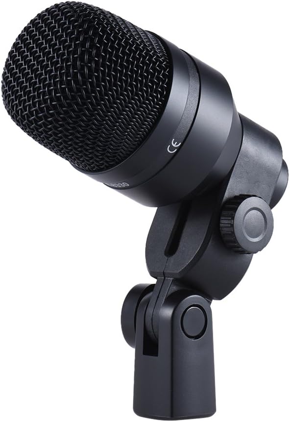 drum mic set Kenya DMS-D7 large dynamic drum mic hero shot on rim clamp, 3/4 angled view, CE marking visible on body
