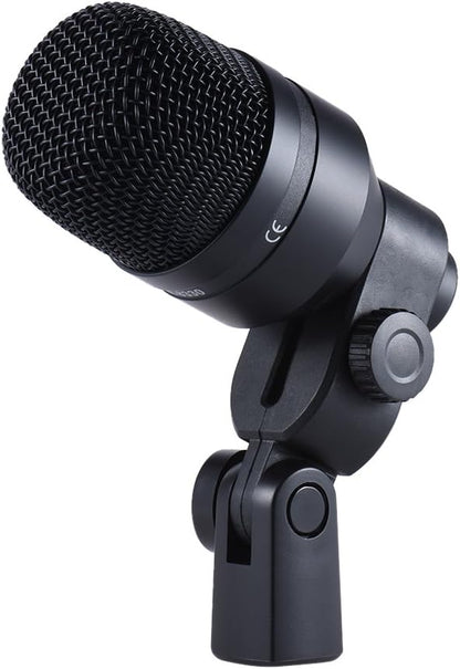 drum mic set Kenya DMS-D7 large dynamic drum mic hero shot on rim clamp, 3/4 angled view, CE marking visible on body