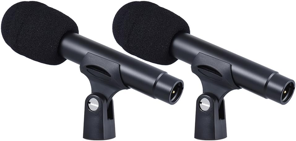 Takstar drum mic set Kenya PCM-6100 condensers on swivel clips with foam windscreens, XLR connectors visible, side view