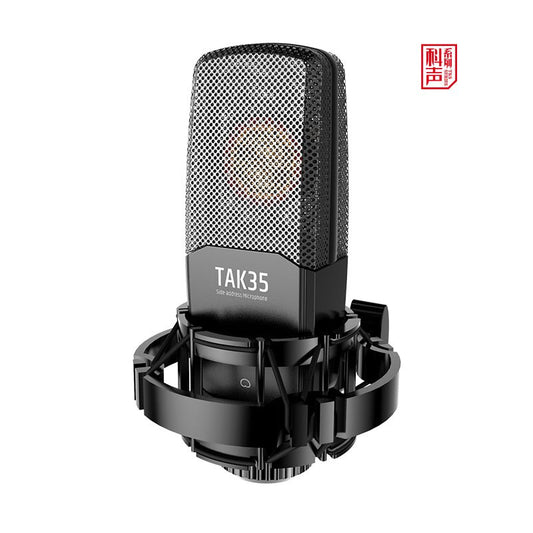 Takstar TAK35 Pro condenser mic Kenya front view mounted in black shock mount on white background
