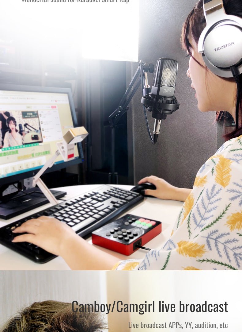 Takstar TAK35 Pro condenser mic Kenya in use at studio desk setup with monitor, keyboard and headphones