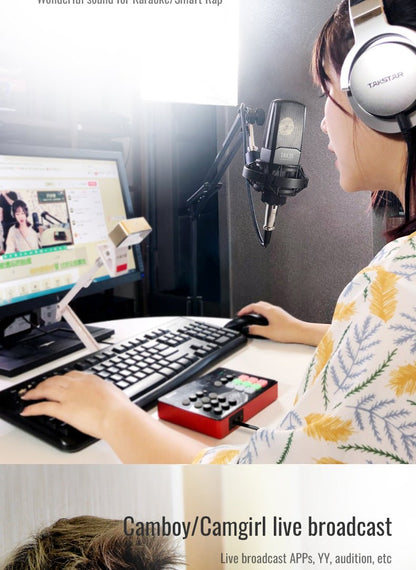 Takstar TAK35 Pro condenser mic Kenya in use at studio desk setup with monitor, keyboard and headphones