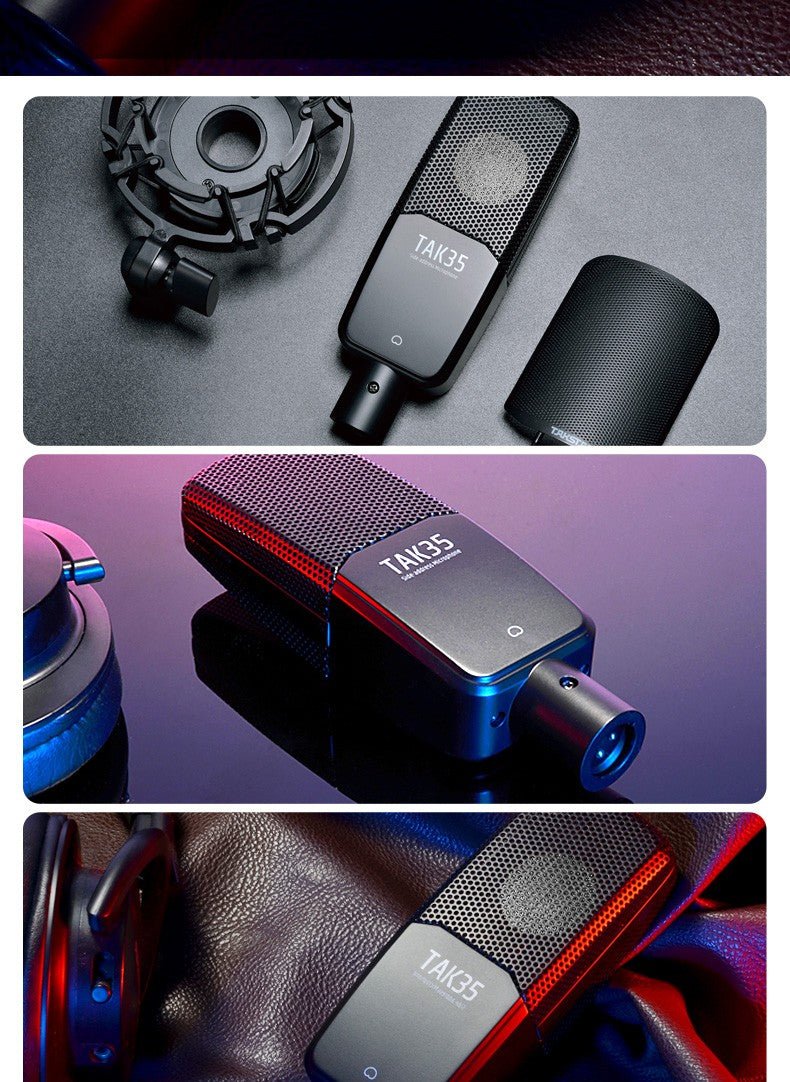Takstar TAK35 Pro condenser mic Kenya flat lay with shock mount and windscreen accessories on grey surface