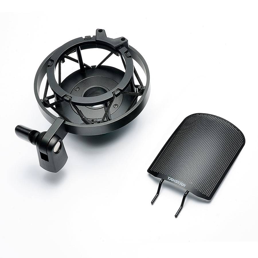 Takstar TAK55 Pro condenser mic Kenya — included accessories: shock mount and metal windscreen flat-lay