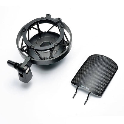 Takstar TAK55 Pro condenser mic Kenya — included accessories: shock mount and metal windscreen flat-lay