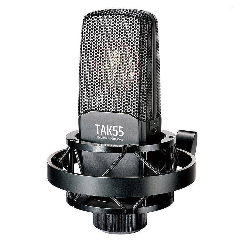 Takstar TAK55 Pro condenser mic Kenya — front view in shock mount, TAK55 side-address label visible
