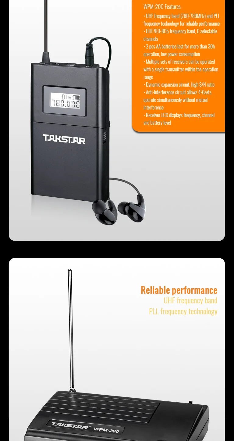 Takstar WPM - 200 Wireless In - Ear Monitor System – UHF Stage Monitor with Transmitter, Receiver, and Earphones for Live Performances and Studio Recording - ZAMAR AUDIO SOLUTIONS