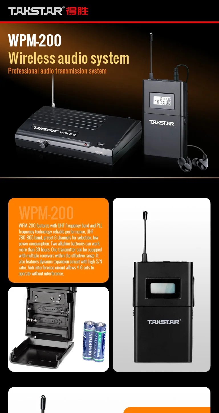 Takstar WPM - 200 Wireless In - Ear Monitor System – UHF Stage Monitor with Transmitter, Receiver, and Earphones for Live Performances and Studio Recording - ZAMAR AUDIO SOLUTIONS
