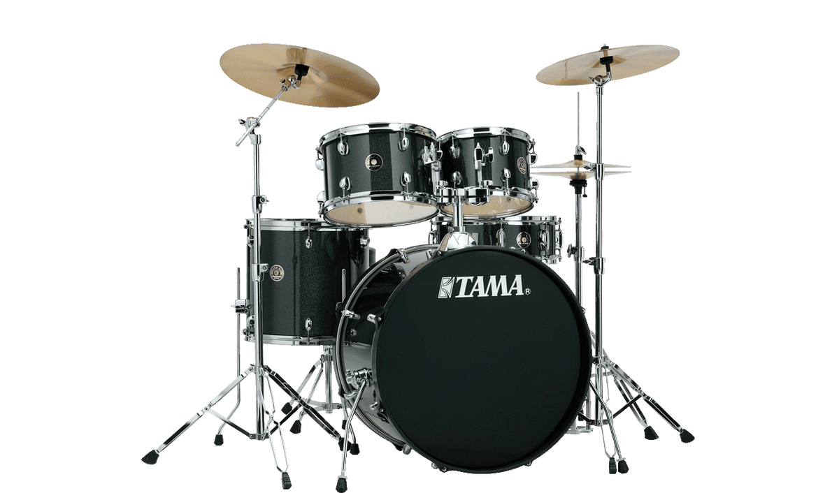 Tama Imperialstar drum set Kenya — full 5-piece kit with crash and hi-hat cymbals on stands, front view, black finish