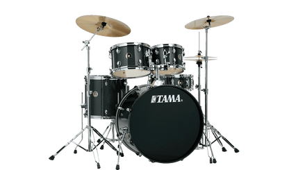 Tama Imperialstar drum set Kenya — full 5-piece kit with crash and hi-hat cymbals on stands, front view, black finish