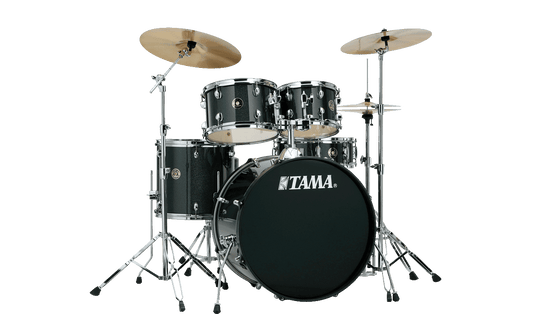 Tama Imperialstar drum set Kenya — full 5-piece kit with crash and hi-hat cymbals on stands, front view, black finish