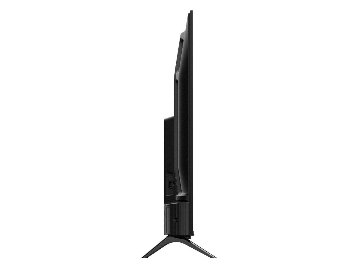 TCL 43 V6C 4K TV Kenya left side profile showing slim panel depth, rear port cluster and single stand leg