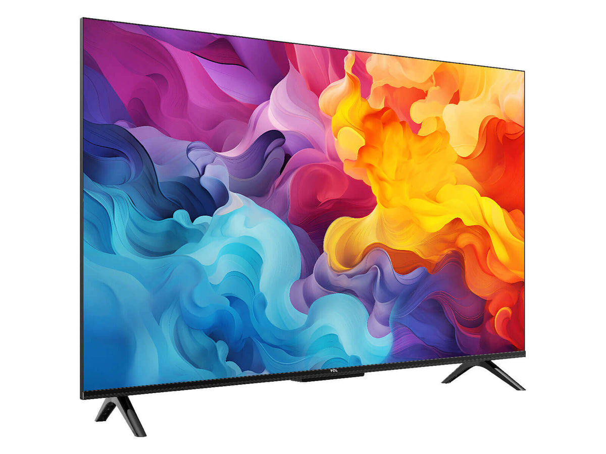 TCL 43 V6C 4K TV Kenya right-angle isometric view showing edge-less frameless panel and V-shaped stand