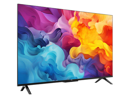 TCL 43 V6C 4K TV Kenya right-angle isometric view showing edge-less frameless panel and V-shaped stand