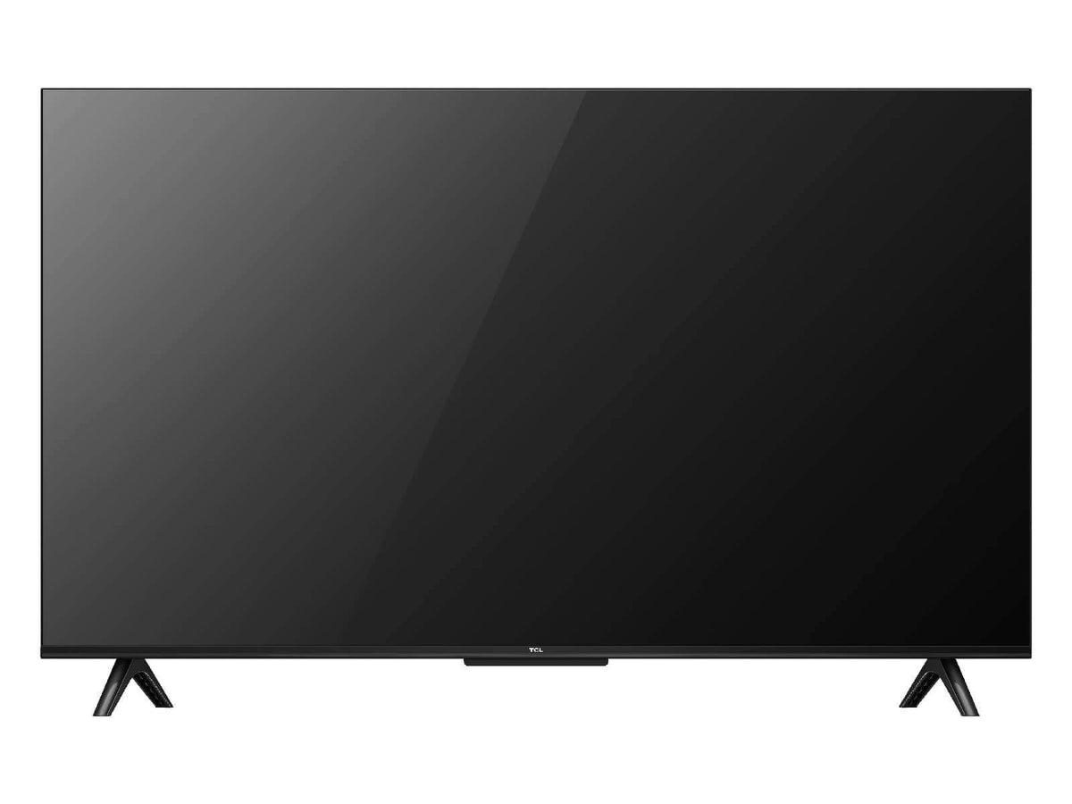 TCL 43 V6C 4K TV Kenya straight-on front view with blank screen showing slim bezel and dual V-shaped feet