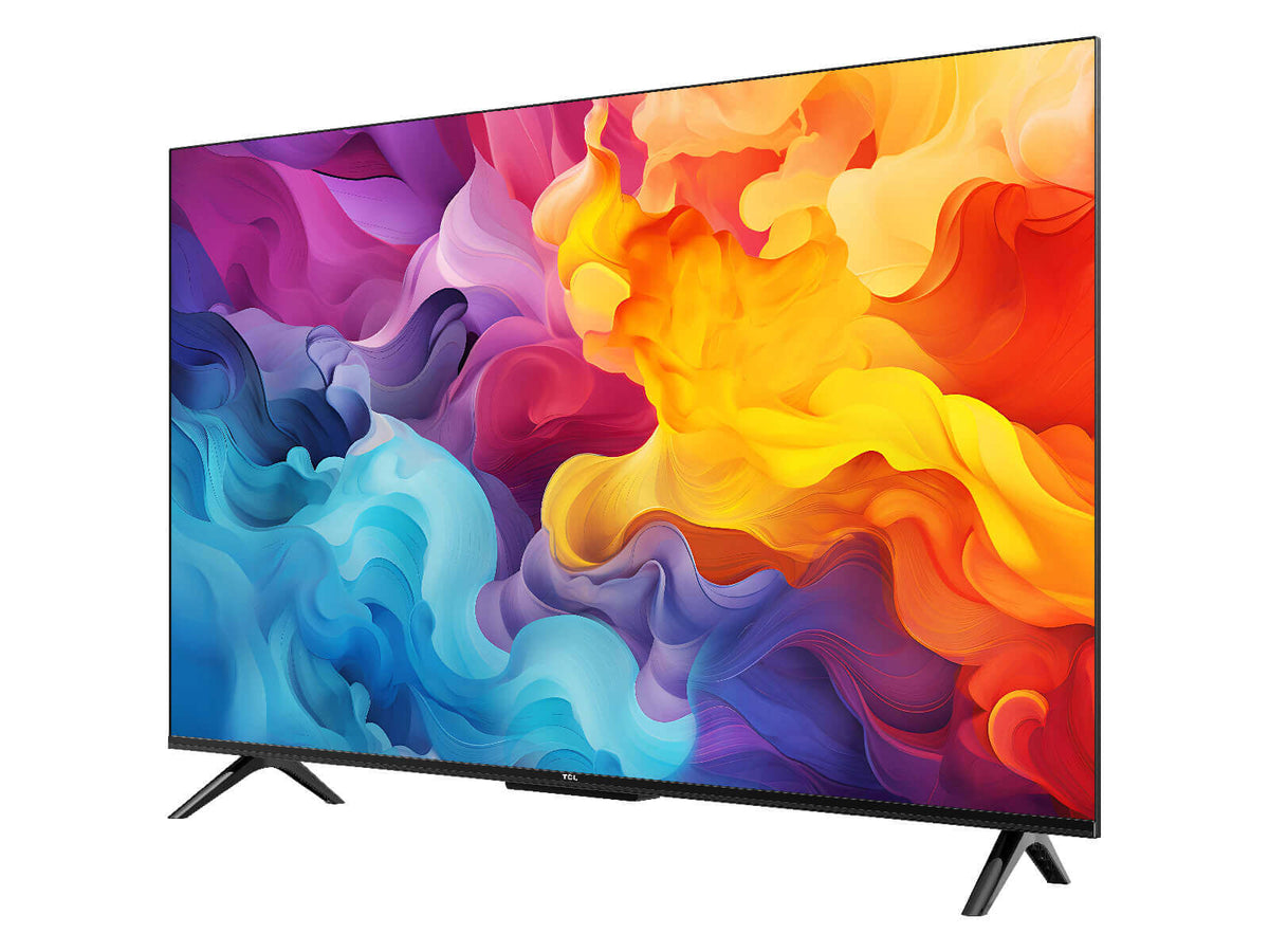 TCL 43 V6C 4K TV Kenya left-angle isometric view displaying vivid 4K HDR colour on the near-borderless screen