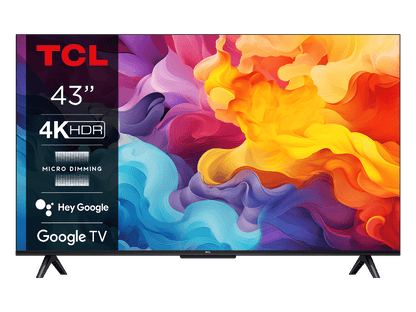 TCL 43 V6C 4K TV Kenya front view showing 4K HDR, Micro Dimming, Hey Google and Google TV branding on screen