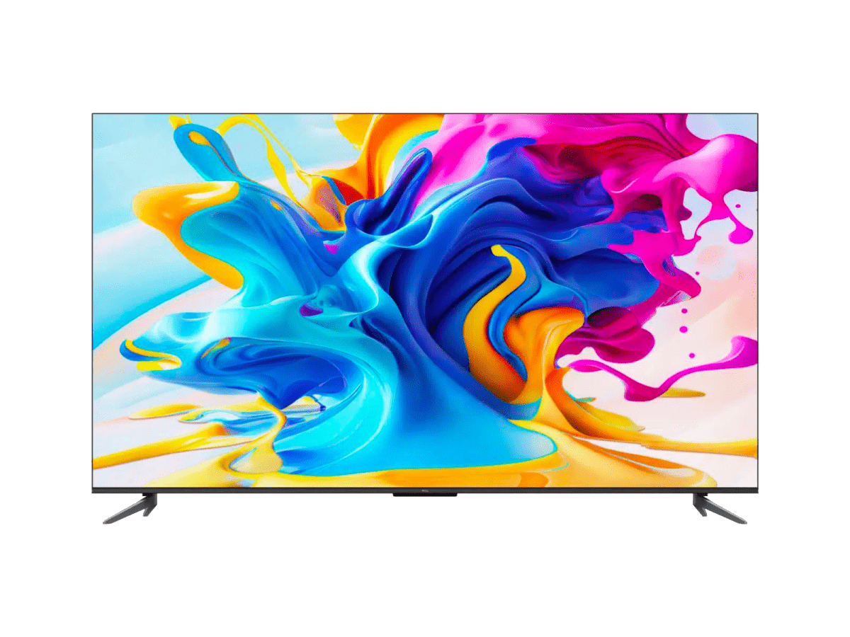 TCL 55C645 Kenya 55-inch QLED Smart TV front view on stand displaying vivid multicolour abstract art