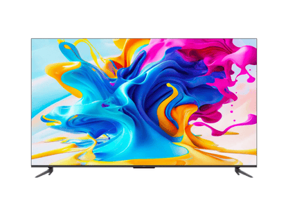 TCL 55C645 Kenya 55-inch QLED Smart TV front view on stand displaying vivid multicolour abstract art