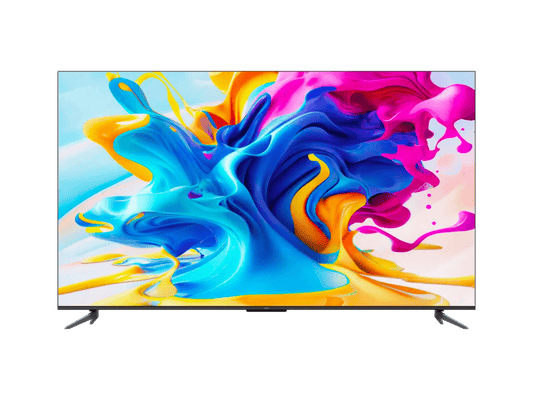 TCL 55C645 Kenya 55-inch QLED Smart TV front view on stand displaying vivid multicolour abstract art
