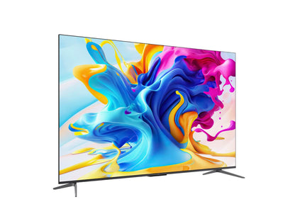 TCL 55C645 Kenya 55-inch QLED TV angled left view on stand showing slim bezel and colourful display