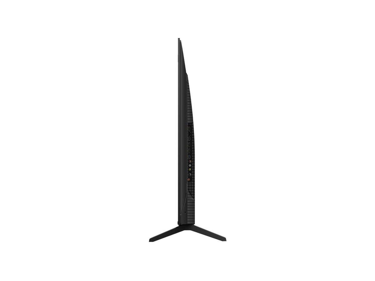 profile of TCL 55T6C QLED TV Kenya showing ultra-slim depth, side port cluster, and single-leg stand base