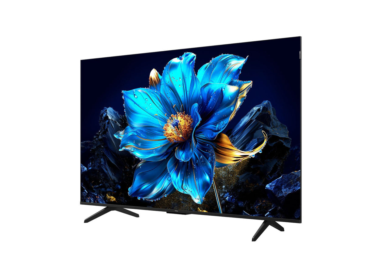TCL 55T6C QLED TV Kenya shown at a 3/4 angle displaying vibrant blue floral content on the 55-inch QLED screen with stand