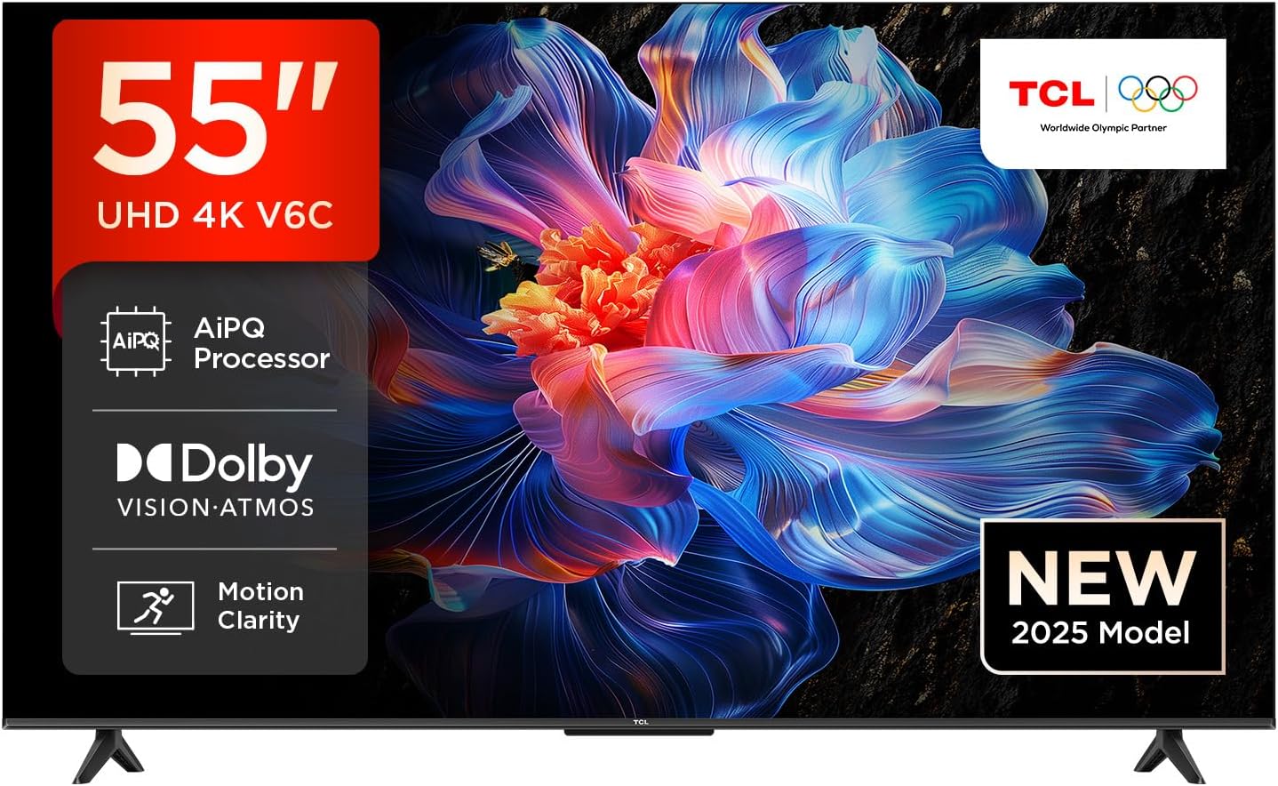 TCL 55V6C Google TV Kenya front view showing 4K UHD panel with AiPQ, Dolby Vision Atmos and 2025 model badge