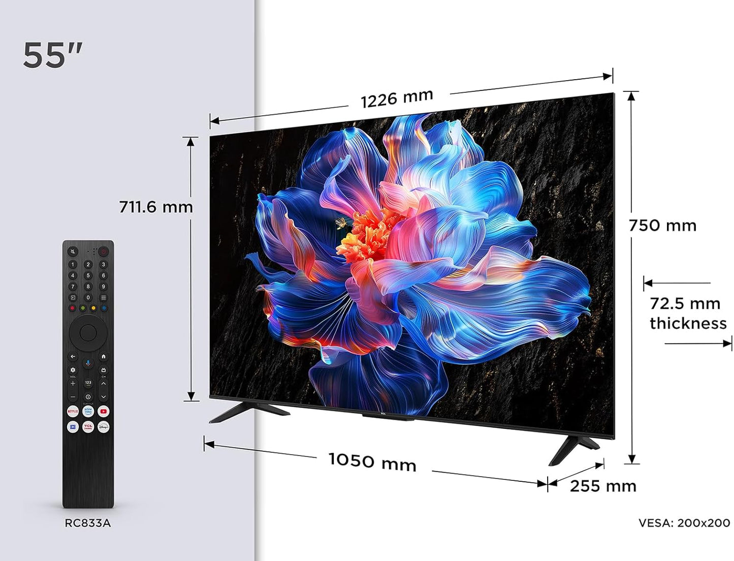 TCL 55V6C Google TV Kenya dimensions diagram showing 1226mm width, 750mm height, 72.5mm depth with RC833A remote