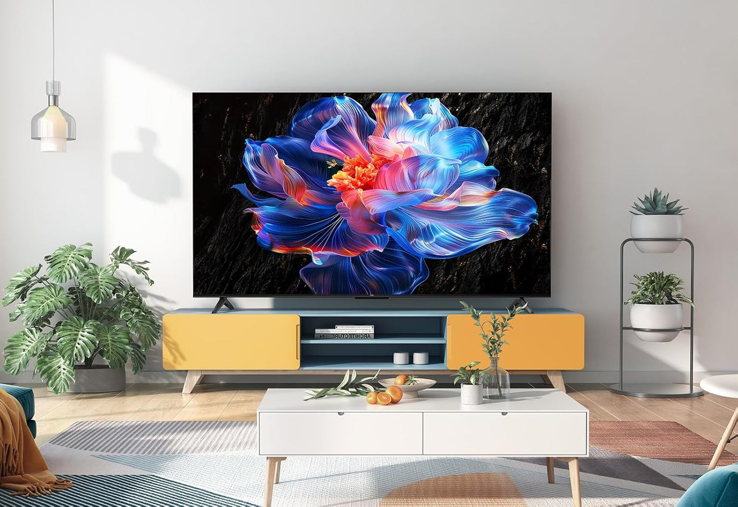 TCL 75V6C Kenya 75" 4K Smart TV mounted on TV stand in modern living room lifestyle setup