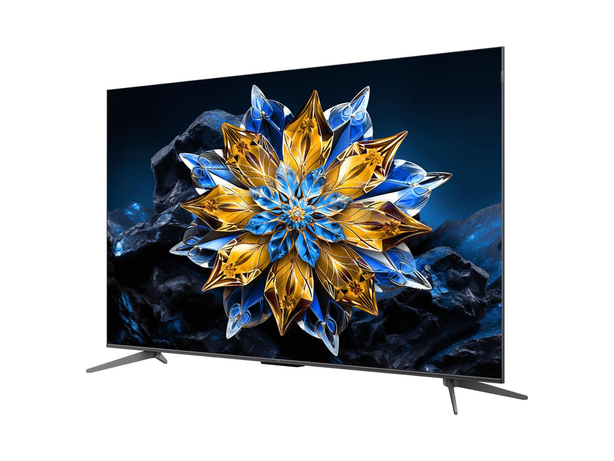 Right-angle front view of TCL C655 PRO QLED TV Kenya on stand, vivid QLED display showing crystal floral artwork