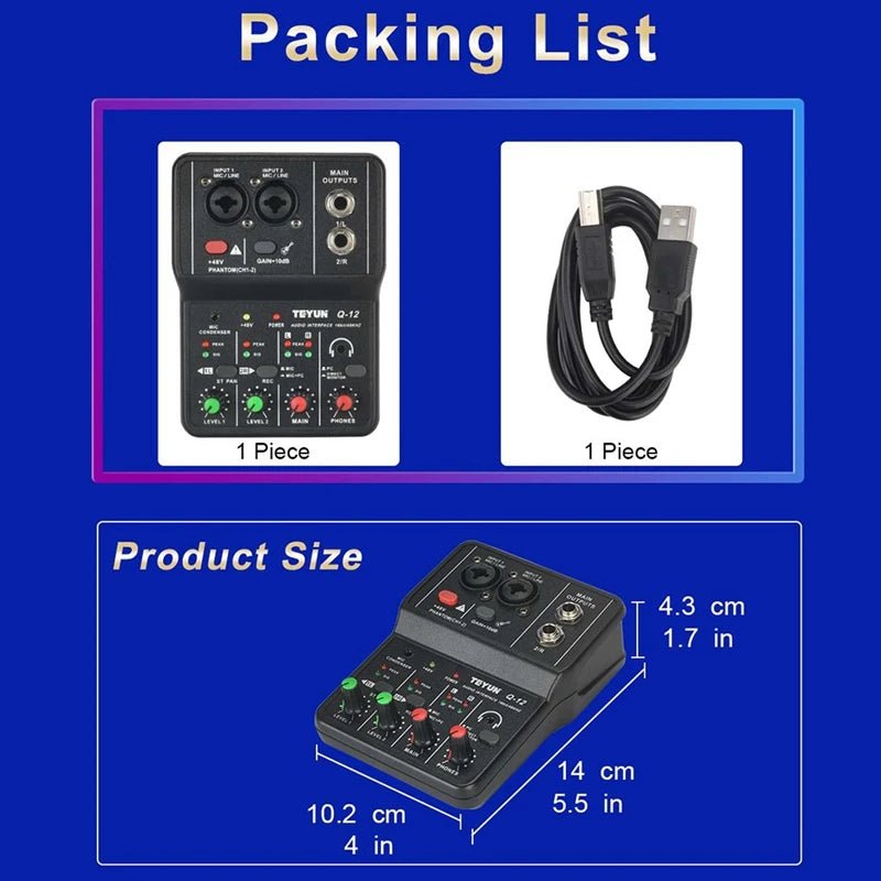 TEYUN Q12 Portable Sound Card – 16Bit/48kHz USB Audio Interface for Guitar and Home Studio Recording - ZAMAR AUDIO SOLUTIONS
