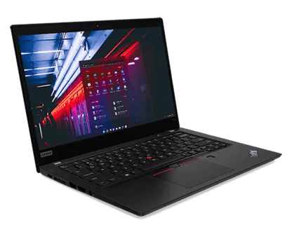 ThinkPad X390 Kenya — 3/4 front-left view, open lid, Windows desktop on FHD display, full keyboard visible