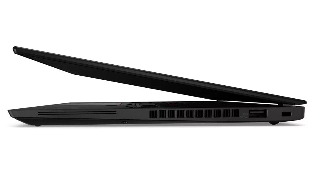 ThinkPad X390 Kenya — right side profile view, slim chassis, ventilation grille and USB-A port visible