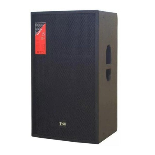 Trill TR-715 speaker Kenya — black 15-inch PA cabinet with red badge, side port, and Trill logo