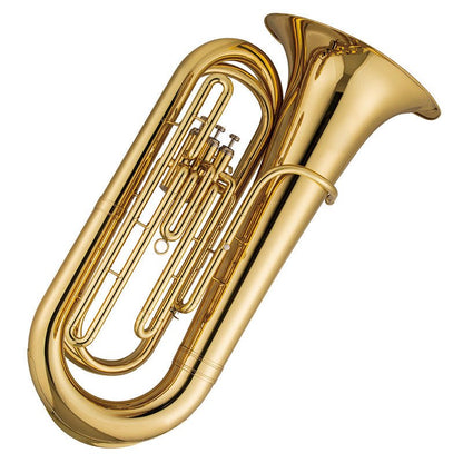 Tuba brass instrument full front view showing bell, rotary valves, and lacquer finish on white background