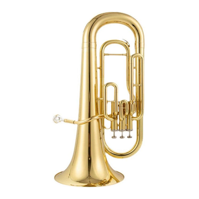 Tuba brass instrument full front view showing bell, rotary valves, and lacquer finish on white background