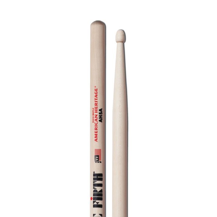 Vic Firth 5A drumsticks Kenya — upright pair showing American Heritage AH5A branding, Rock Maple label, and nylon tip