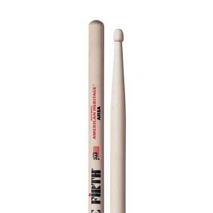 Vic Firth 5A drumsticks Kenya — upright pair showing American Heritage AH5A branding, Rock Maple label, and nylon tip