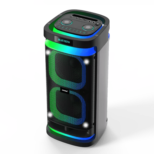 Vision Plus BeatBox 2 Kenya angled view showing dual woofers, LED light strips, top panel controls and Bluetooth label
