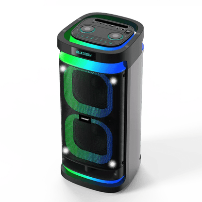 Vision Plus BeatBox 2 Kenya angled view showing dual woofers, LED light strips, top panel controls and Bluetooth label