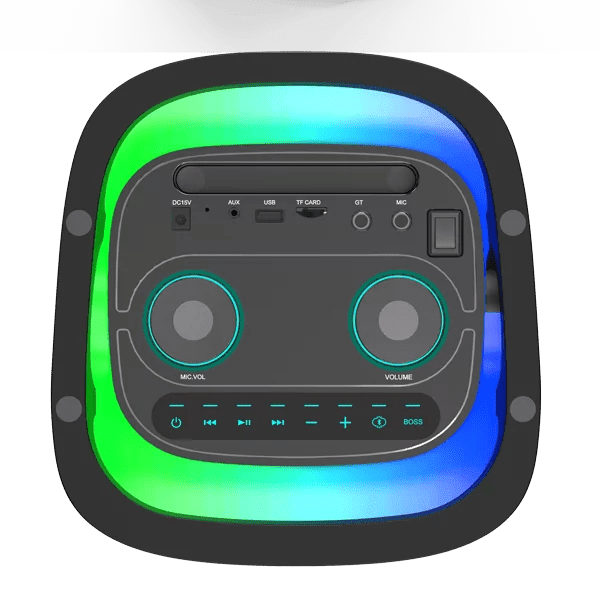 Vision Plus BeatBox 2 Kenya top control panel with mic volume, master volume knobs, AUX, USB, TF card, guitar and mic inputs